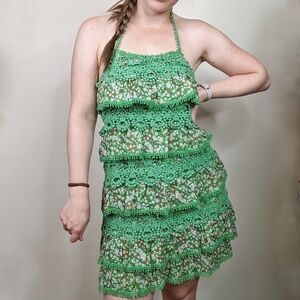 Ya Floral Y2K Crochet Ruffle Tiered Halter Mini Dress